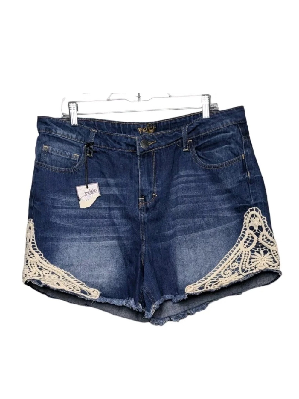 Reign Dark Blue Denim Shorts with Cream Crochet Lace Trim Cut Offs